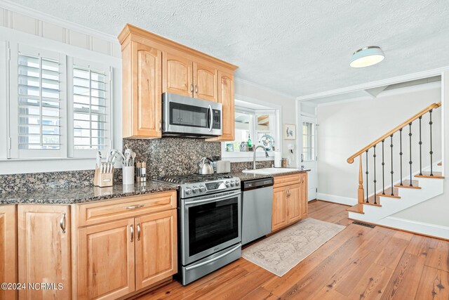 kitchen with dark stone counters, light hardwood / wood-style floors, a wealth of natural light, and appliances with stainless steel finishes