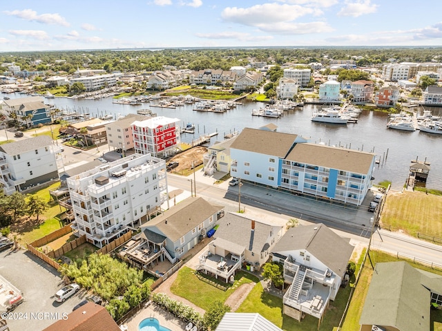 bird's eye view with a water view