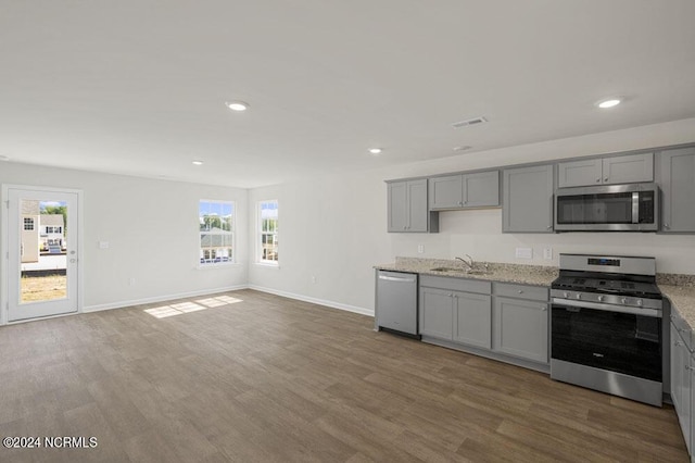 kitchen with wood-type flooring, stainless steel appliances, gray cabinets, and sink