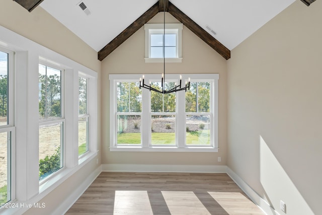 1105 Trisail Ter, Wilmington, NC 28412 - unfurnished sunroom featuring a chandelier, high vaulted ceiling, baseboards, wood finished floors, and beamed ceiling