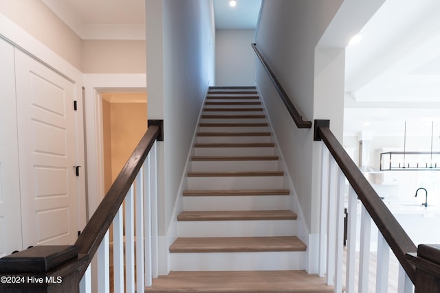 staircase featuring hardwood / wood-style flooring and bar area