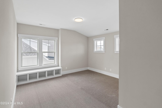 spare room featuring vaulted ceiling and carpet floors