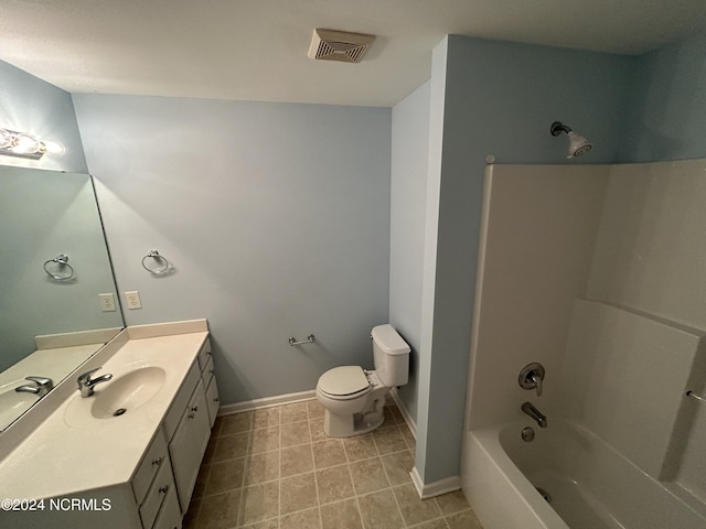 bathroom with baseboards, visible vents, toilet, vanity, and shower / bathing tub combination