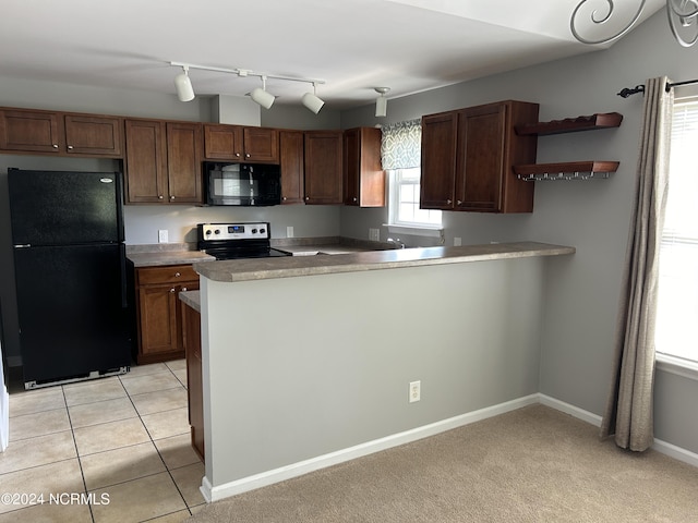 kitchen with light tile patterned floors, a peninsula, open shelves, baseboards, and black appliances