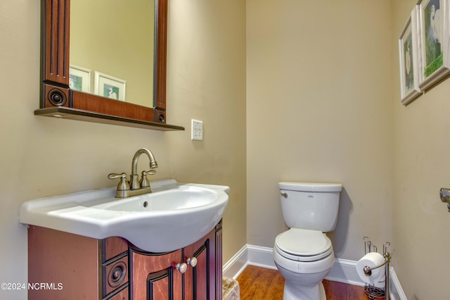 bathroom with wood-type flooring, vanity, and toilet