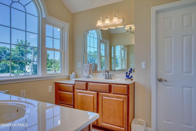 bathroom with vanity and lofted ceiling