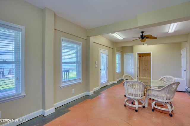 interior space with ceiling fan