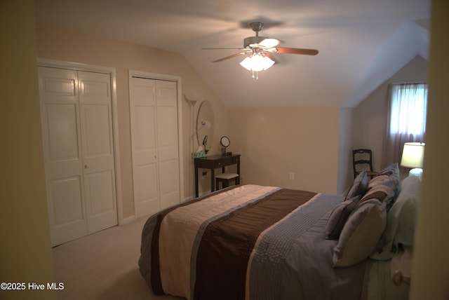 104 Rockingham St, Carthage, NC 28327 - bedroom featuring lofted ceiling, multiple closets, carpet floors, and a ceiling fan