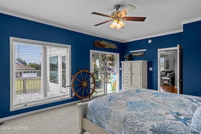 bedroom with access to exterior, ceiling fan, crown molding, and carpet floors