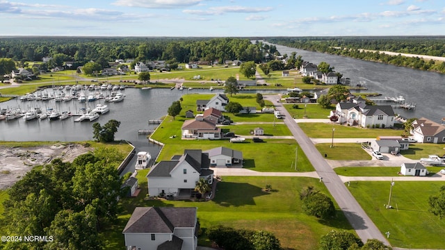 bird's eye view with a water view