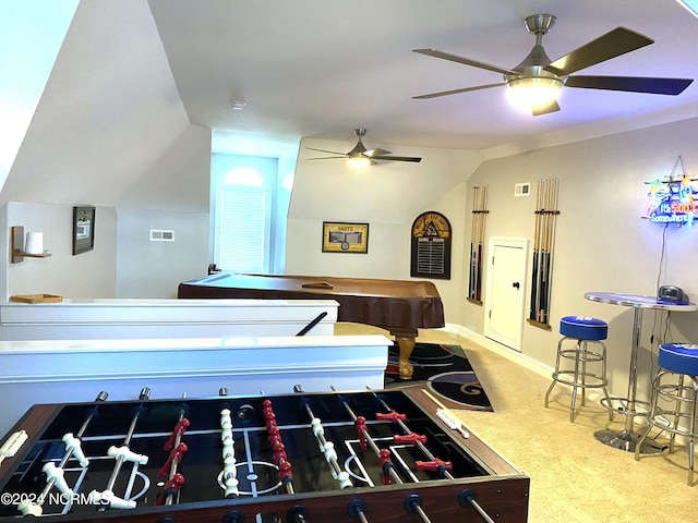 game room with ceiling fan, carpet flooring, and pool table