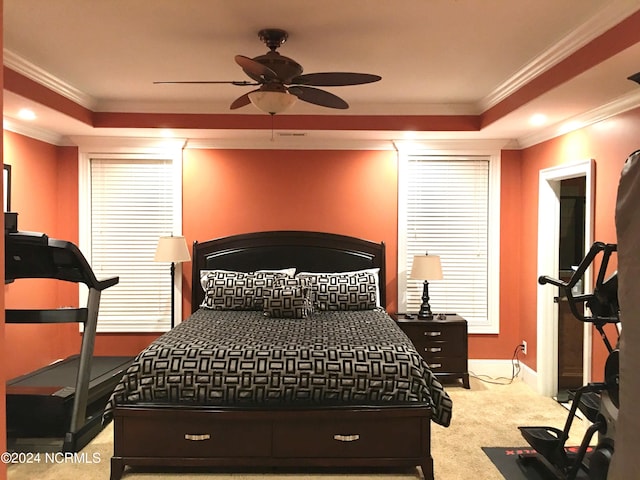 carpeted bedroom featuring a tray ceiling, crown molding, and ceiling fan