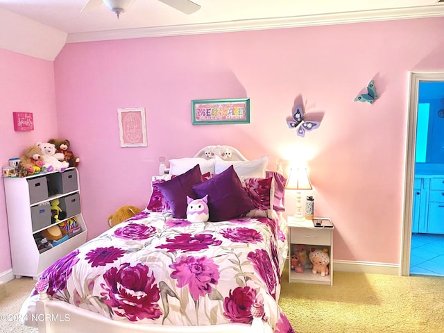 tiled bedroom featuring ceiling fan