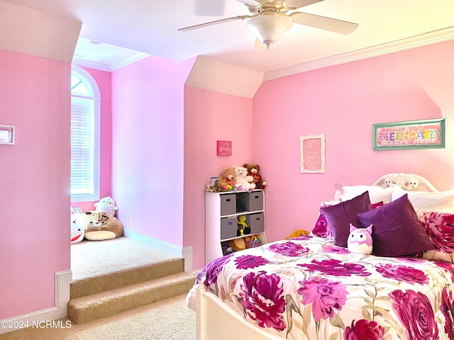 carpeted bedroom with multiple windows, ornamental molding, and ceiling fan