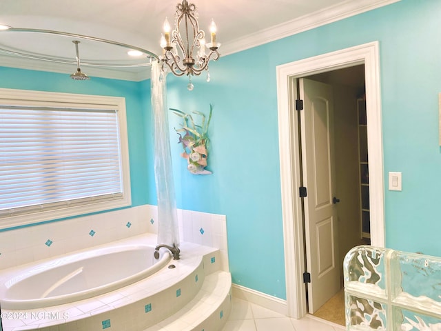 bathroom featuring tiled bath, an inviting chandelier, crown molding, and tile patterned flooring