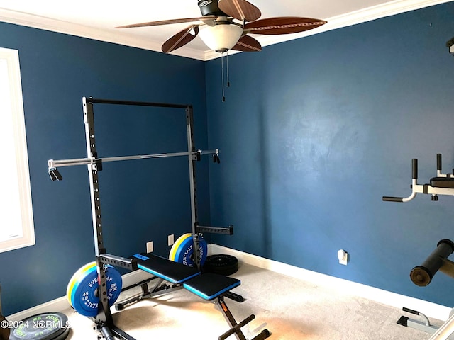 workout area featuring ornamental molding and ceiling fan