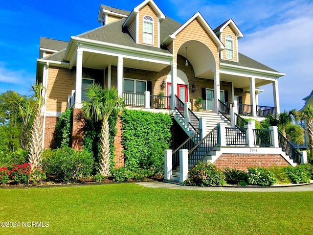 new england style home featuring a porch and a front yard