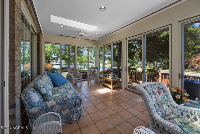 sunroom with ceiling fan and a skylight