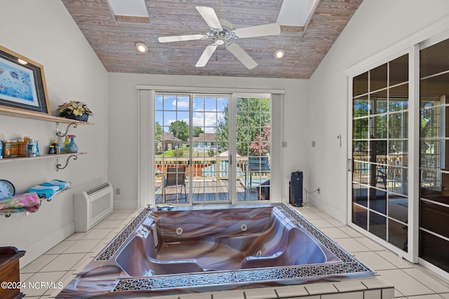 bathroom with tile patterned flooring, vaulted ceiling, and wood ceiling