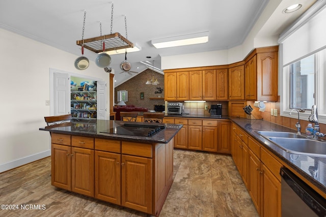 kitchen with sink, tasteful backsplash, black electric stovetop, ornamental molding, and stainless steel dishwasher