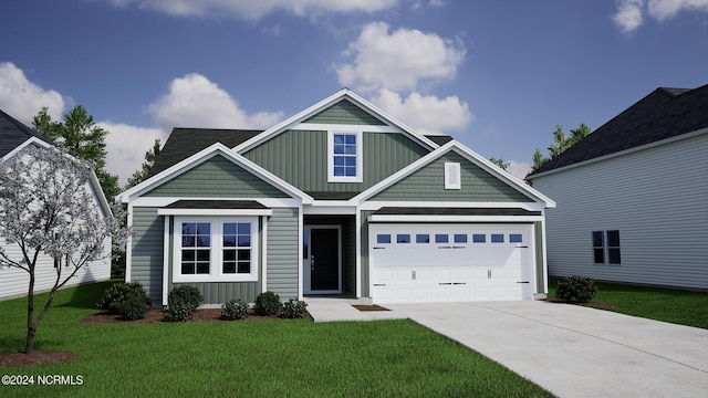 view of front of property with an attached garage, board and batten siding, concrete driveway, and a front yard