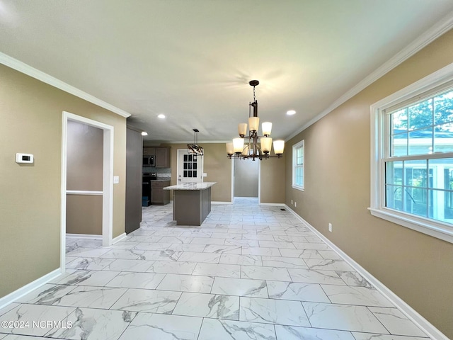 kitchen with pendant lighting, an inviting chandelier, crown molding, black electric range, and a kitchen island