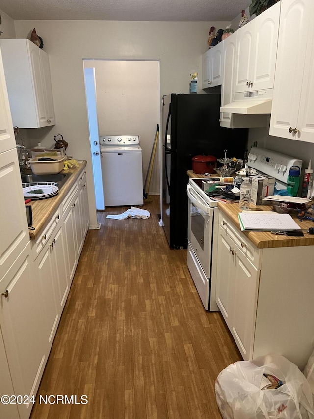 kitchen with white cabinetry, dark wood-type flooring, white electric range, butcher block countertops, and washer / clothes dryer