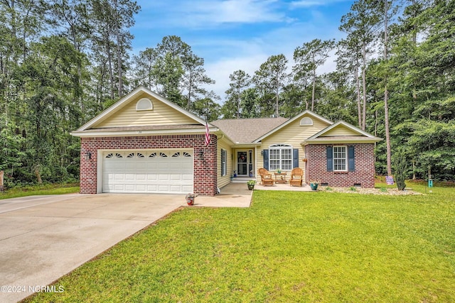 ranch-style home with a patio, a garage, and a front lawn