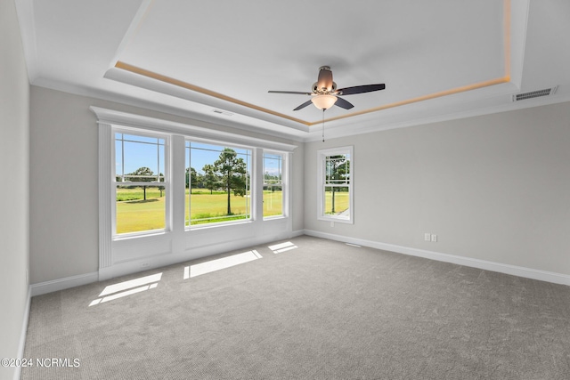 empty room with a raised ceiling, ceiling fan, and carpet flooring