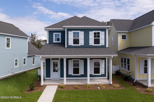 view of front facade with a front lawn and a porch