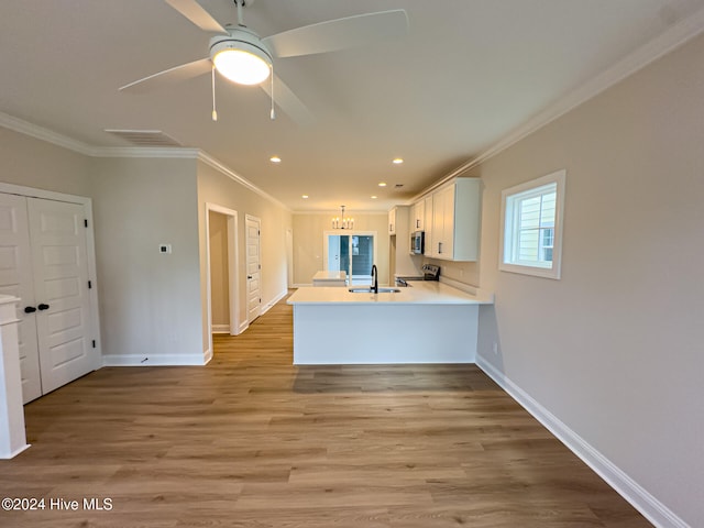 kitchen with light hardwood / wood-style flooring, appliances with stainless steel finishes, white cabinets, and kitchen peninsula