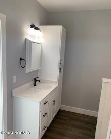 bathroom with vanity and wood-type flooring