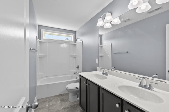 full bathroom with shower / bath combination, vanity, and toilet