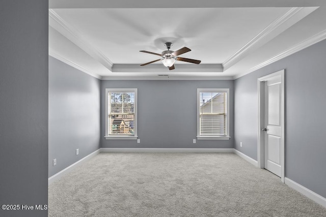 empty room with a tray ceiling, light colored carpet, and a healthy amount of sunlight