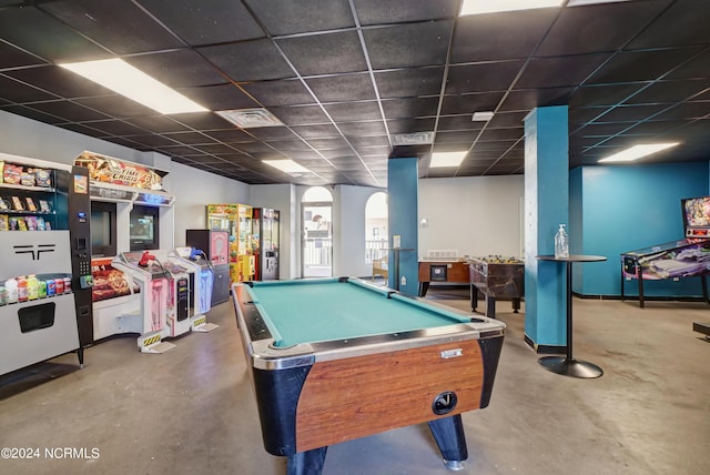 recreation room featuring a drop ceiling, pool table, and concrete floors