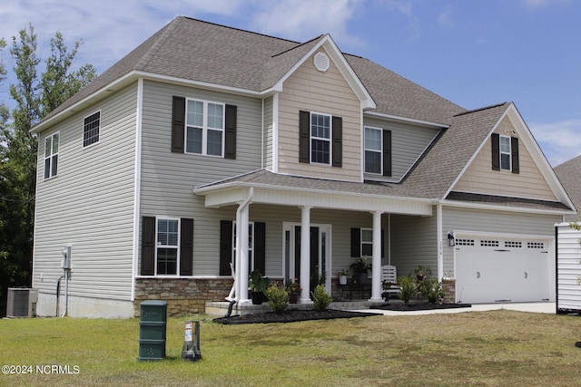 view of front of property featuring stone siding, a porch, cooling unit, and roof with shingles