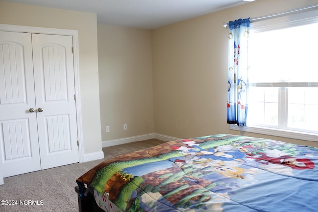 bedroom with a closet, light colored carpet, and multiple windows