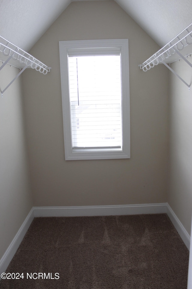 spacious closet with dark carpet and vaulted ceiling