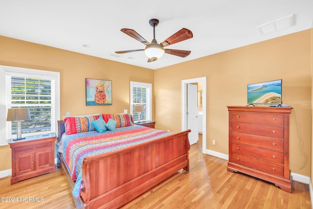 bedroom featuring connected bathroom, ceiling fan, and light hardwood / wood-style floors