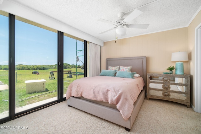 bedroom with carpet floors, a textured ceiling, and access to outside