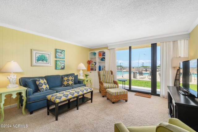 living room with carpet flooring, a textured ceiling, and ornamental molding