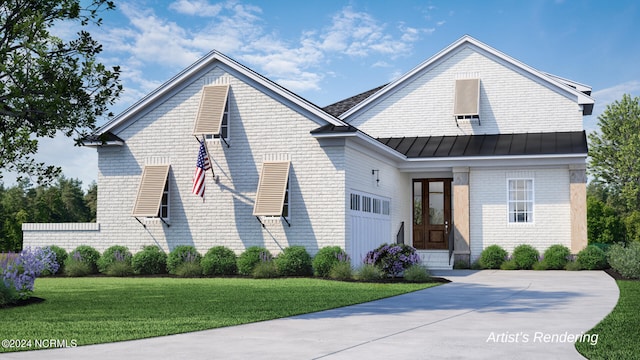 view of front facade featuring brick siding, a standing seam roof, metal roof, driveway, and a front lawn