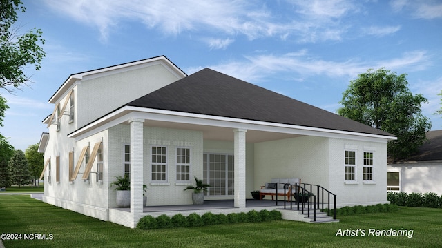 back of house featuring a lawn and brick siding