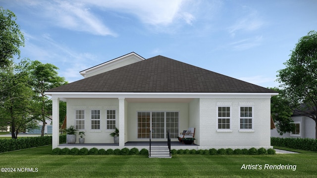 exterior space with brick siding, a front yard, and a shingled roof