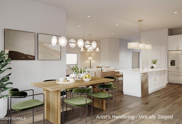 dining space featuring wood finished floors and recessed lighting