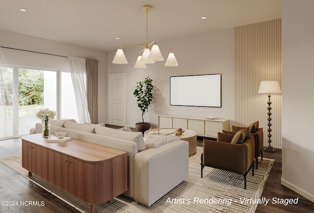 living area featuring baseboards, wood finished floors, and recessed lighting