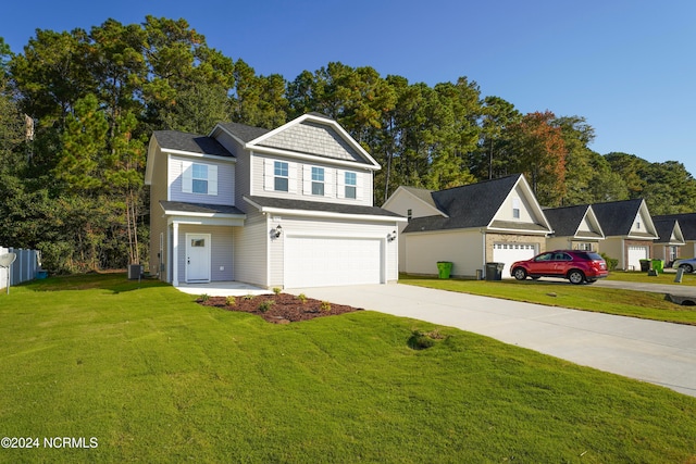 view of front facade with cooling unit, a front lawn, and a garage