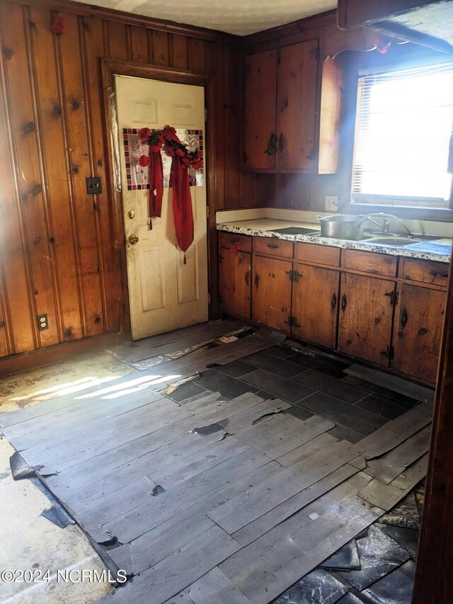 kitchen featuring sink, wooden walls, and hardwood / wood-style floors