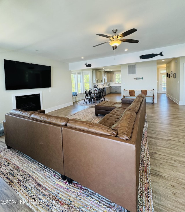 living room with wood-type flooring and ceiling fan