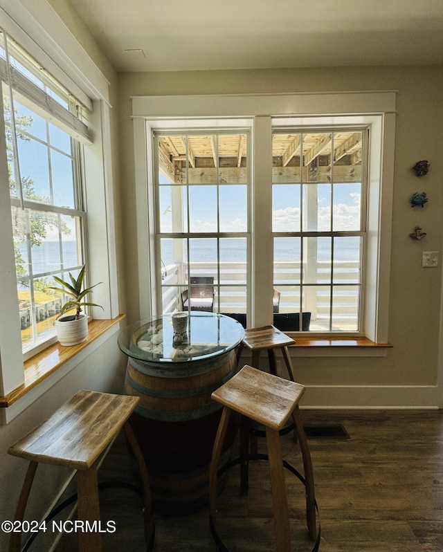 dining room featuring dark hardwood / wood-style floors, a wealth of natural light, and a water view